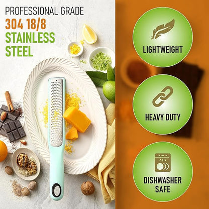 Spring Chef Premium Lemon Zester Grater with Handle - Fruit, Garlic, Lime, Orange, Nutmeg, Garlic Grater - Heavy Duty Kitchen Tool - Stainless Steel Citrus Zester with Blade Cover - Fine Shred, Mint