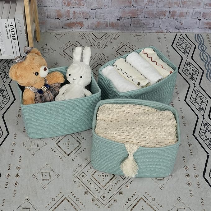 Cotton Rope storage Basket Bins Woven Basket for Organizing Shelves Rectangle Decorative Baskets For storage Clothes Toys Books Towels Square Wicker Nursery basket organizer 3 pack Green