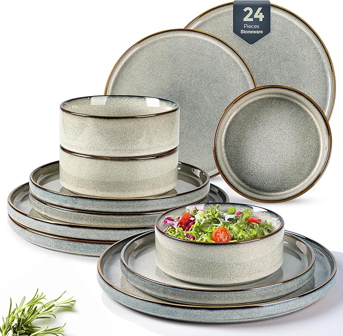 GBHOME Ceramic Dinnerware Sets for 8, 24 Pieces Stoneware Plates and Bowls Sets, Reactive Glaze Stackable Dish Set -Scratch Resistant, Dishwasher&Microwave Safe