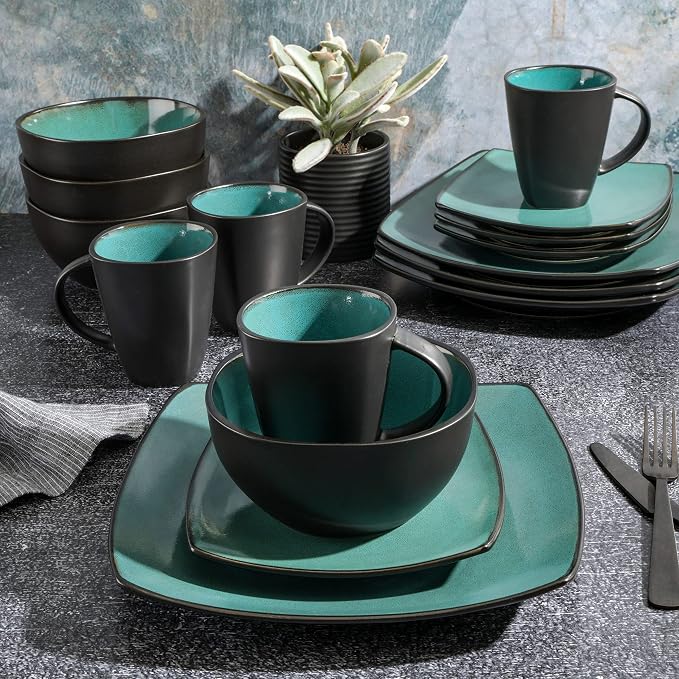 Gibson Elite Soho Lounge 16-Piece Reactive Glaze Dinnerware Set – Teal and
