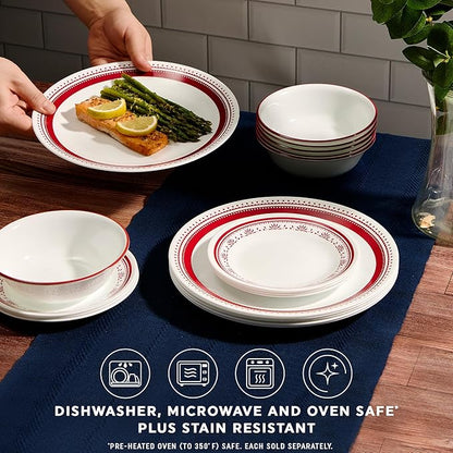 Corelle Everyday 18-PC Dinnerware Set Service for 6, Durable and Eco-Friendly, Higher Rim Glass Plate & Bowl Set, Microwave and Dishwasher Safe, Sadie