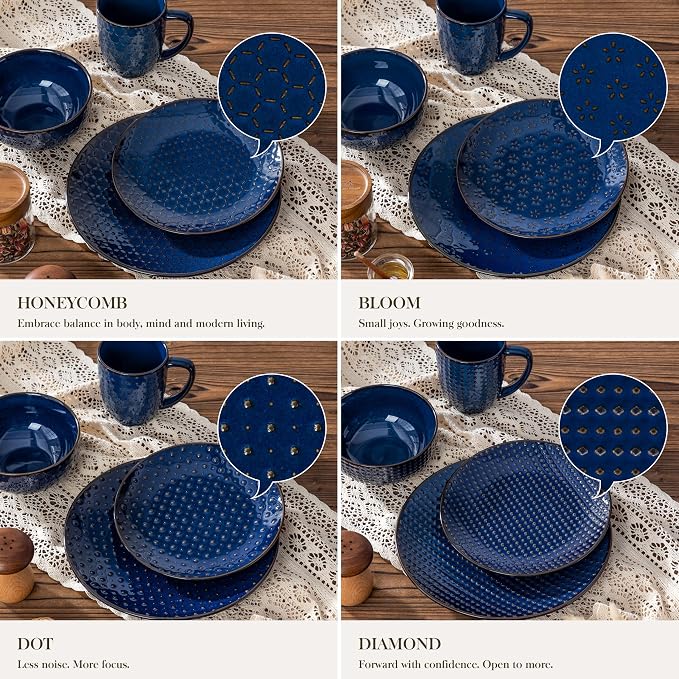 MALACASA 16 Pieces Dinnerware Sets, Farmhouse Plates and Bowls Sets, Embossed