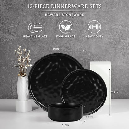 HaWare Dinnerware Sets, 12-Piece Plates and Bowls Set, Matte Black | Stoneware