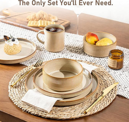 GBHOME Stoneware Dinnerware Sets for 4,Round Reactive Glaze Ceramic Plates and Bowls Set,Highly Scratch Resistant | Dishwasher & Microwave Safe Dishes Set,Service for 4(12Pcs),Barley Latte