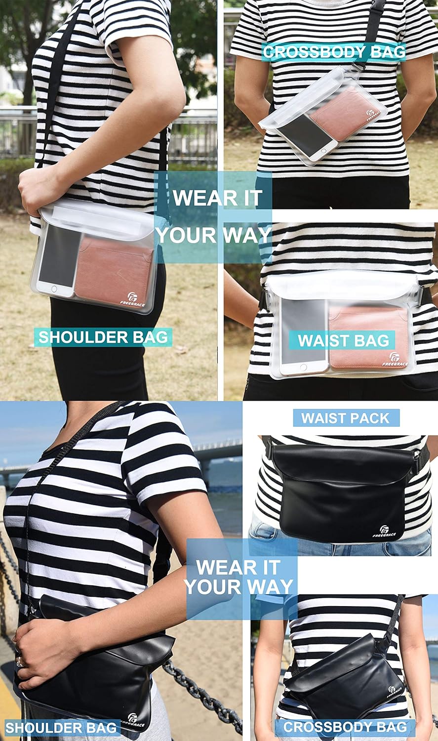 Freegrace Waterproof Pouches with Waist Strap / Pouch Case Bundle Set- Keep Your Phone & Valuables Dry and Safe - Waterproof Dry Bags for Boating Swimming Snorkeling Kayaking Beach Water Parks Pool
