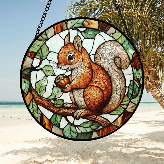 Stained Glass Window Hanging, Squirrel on a Branch Suncatcher Diamond Glass Panel Animal Sun Catchers Decor for Birthday for Women, Men, Wife, Aunt, and Mom 14.9x14.9 in