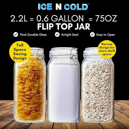 Airtight Glass Storage Jars with Clamp Lid – Food Storage Containers with Rubber Gasket Seal – Pantry & Kitchen Canisters for Dry Goods, Coffee, Sugar, Pasta – 0.4L to 2.2L Sizes (4, 75oz | 2.2L)