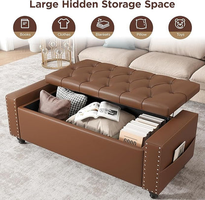 Maupvit Storage Ottoman Bench, 49 Inch Bedroom Bench, Upholstered Ottoman with Storage, Entryway Bench with Tufted Button, Faux Leather Window Bench for Bedroom, Living Room, Entryway, Hallway, Brown
