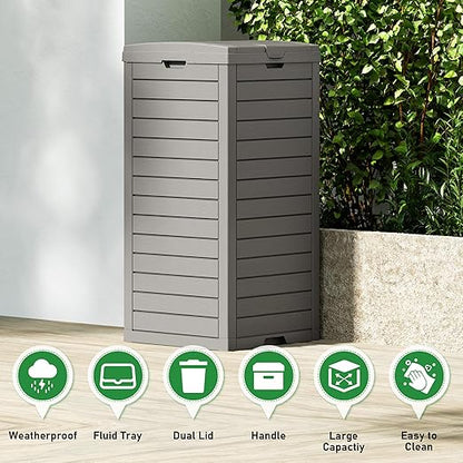 NUNU LAB 31 Gal Outdoor Trash Can with Lid - Heavy Duty Waterproof Resin, Removable Drip Tray, Fits 33-40 Gallon Bags - Large Garbage Bin for Patio, Backyard, Deck