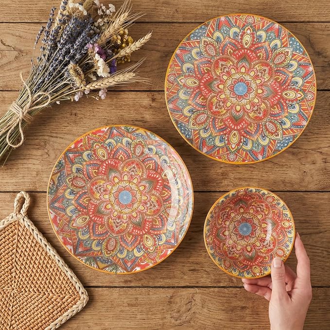 YA JU Mandala Dinnerware Sets Serves 4, Buffet Dinnerware, Boho Plates and