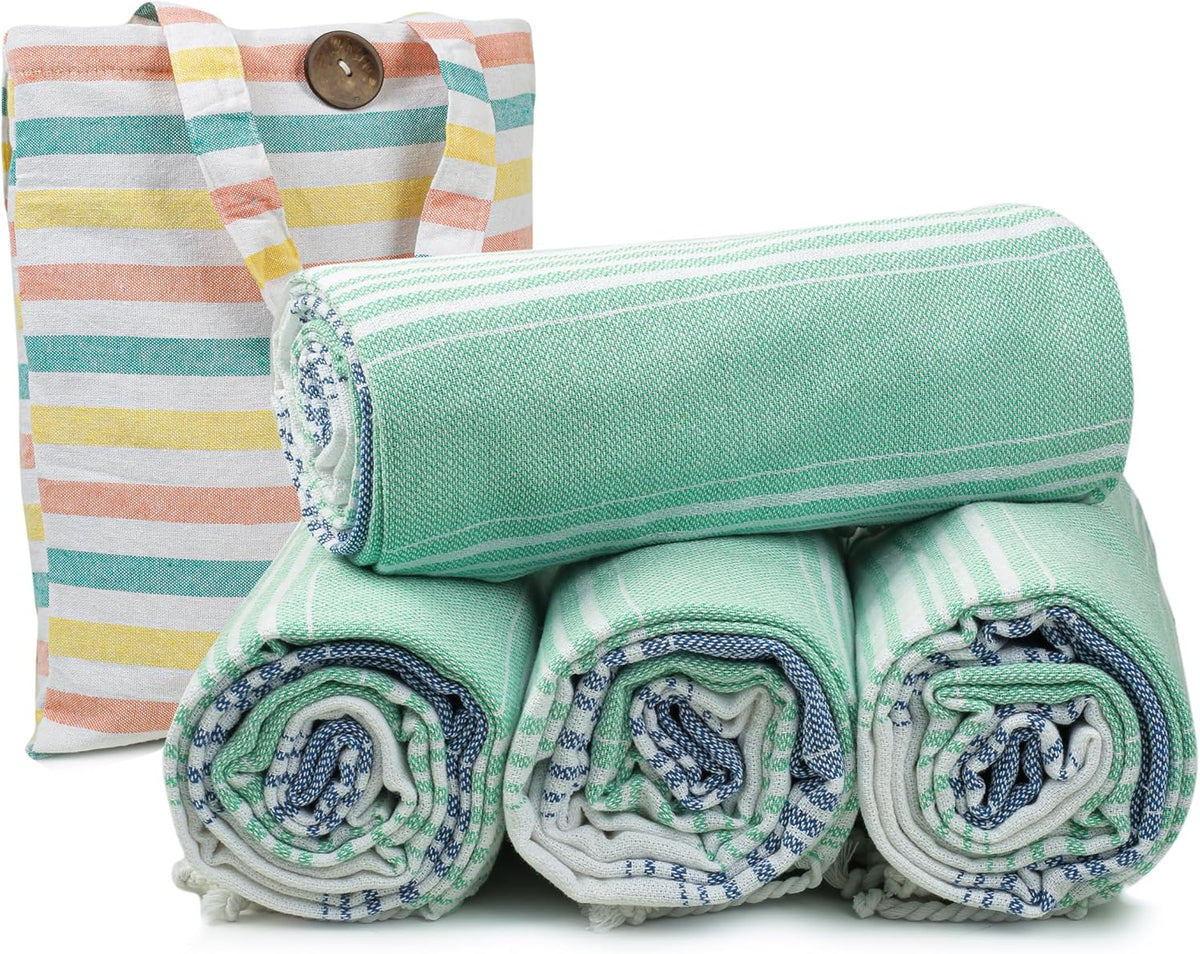 HILLFAIR Cotton Turkish Beach Towels, Quick Dry Lightweight Sand Free Peshtemal Towel for Bath Swim Yoga Spa Travel, Beach Accessories, Oversized Cotton Turkish Towels (39 x 72 inch- 4 Pack Mint Blue)