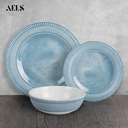 AELS Melamine Dinnerware Set of 12 Pcs, Dinner Dishes Set for Indoor and Outdoor Use, Melamine Plates and Bowls Set for 4, Dishwasher Safe, Lightweight Unbreakable, BPA Free, Blue