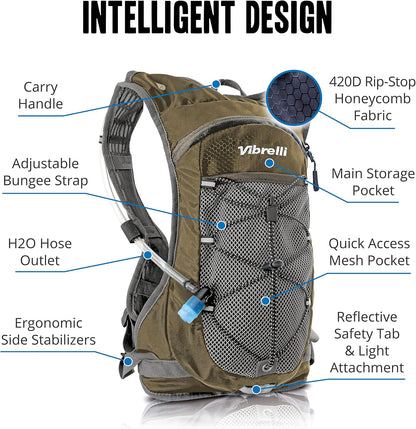 Vibrelli Hydration Backpack & 2L Hydration Bladder - High Flow Bite Valve - Hydration Pack for Cycling, Running, Hiking