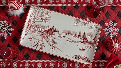 Bico Toile De Jouy Winter Wonderland Ceramic 14 inch Rectangular Serving Platter, Set of 2, for Serving Salad, Pasta, Cheese, Ham, Appetizer, Microwave & Dishwasher Safe