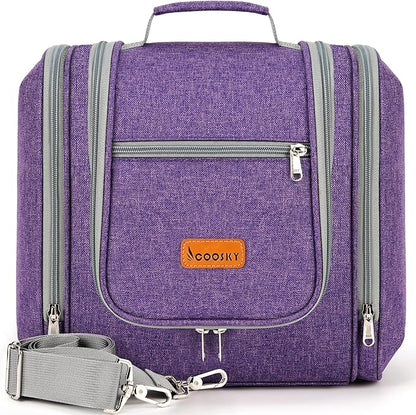 Extra Large Toiletry Bag for Women and Men, 6 Organizer Compartments, Holds Full Size Shampoo, with Hanging Hook Cosmetic Bag, Travel Makeup Bag, Bathroom Water-resistant Toiletries Bag, Purple