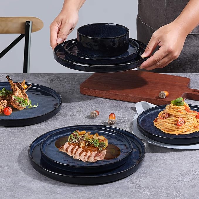 LIANYU Plates and Bowls Sets for 2, 6 Piece Dish Dinnerware Sets, Stoneware Kitchen Dinner Dishware, Microwave & Dishwasher Safe, Cetacean Blue
