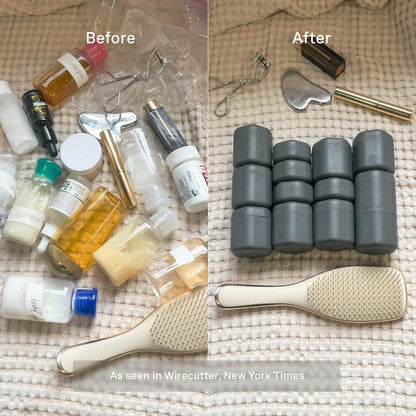 Cadence Travel Containers - Body Care Capsule Set - Magnetic Containers with Lids,Carry On Travel Essentials for Women/Men - 3 Flex Mediums (1.32oz) - Body Wash, Lotion & Sun Icon Labels - Charcoal