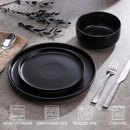 LIANYU 18PCS Dinnerware Plates and Bowls Sets, Ceramic Dishes Set for 6, Stoneware Dinner Dessert Salad Plates Cereal Bowls, Scratch Resistant Dishware, Microwavable & Dishwasher Safe, Matte Black