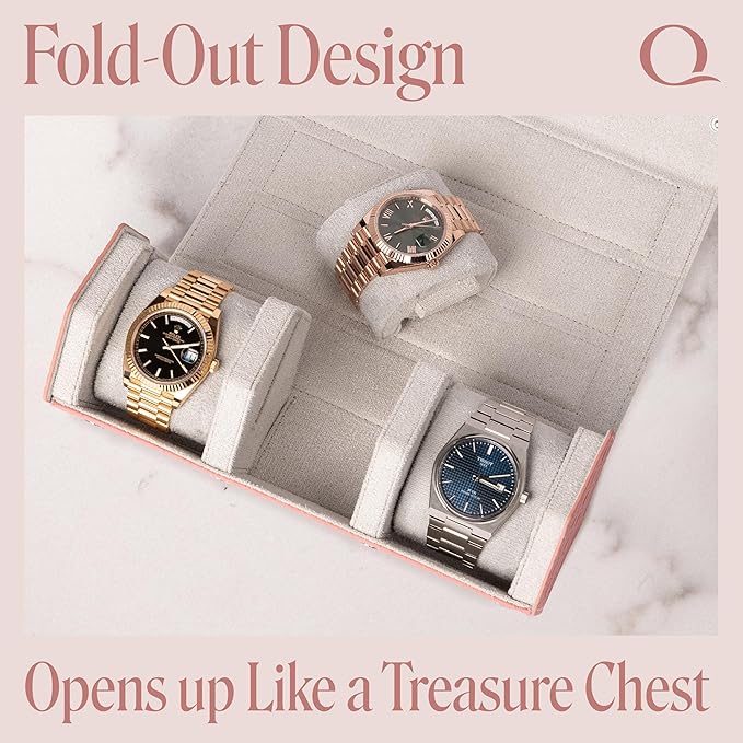 Ladies Leather Watch Rolls for Women - Hexagon Triple Watch Roll Travel Case for 3 Watches - Storage Organizer Genuine Leather with Velvet Interior Display (Woven Pink/Gray)