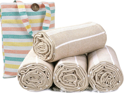 HILLFAIR Cotton Turkish Beach Towels, Quick Dry Lightweight Sand Free Peshtemal Towel for Bath Swim Yoga Spa Travel, Beach Accessories, Oversized Cotton Turkish Towels (39 x 72 inch- 4 Pack Beige)
