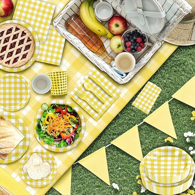 180Pcs Yellow Gingham Party Supplies Paper Plates and Napkins Serve 60 |