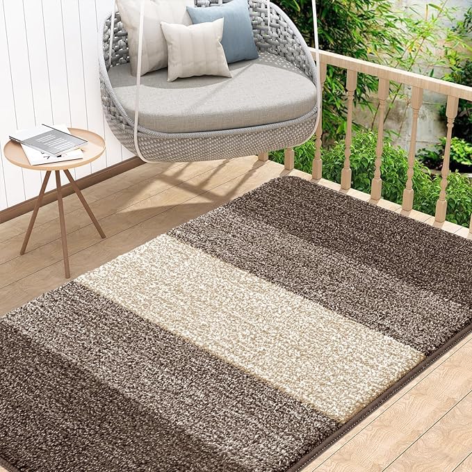 Kitinjoy Indoor Outdoor Door Mat, 48x32 Non-Slip Absorbent Dirt Trapper, Low-Profile Washable Inside Entrance Front Floor Mat, Sturdy Soft Entry Doormats for Entryway, Light Brown
