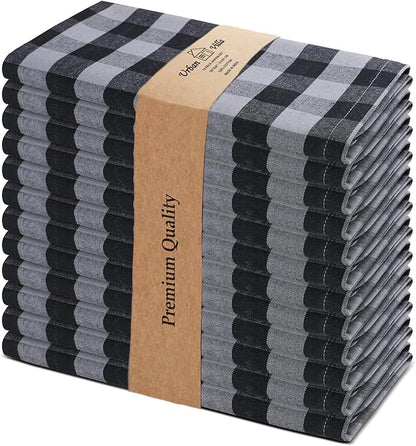 Urban Villa Cotton Dinner Napkins Set of 12, Highly Absorbent Soft Premium Cloth Napkins 20x20 Inches, Hotel Quality Reusable & Washable Table Dinner Napkins for Home - (Grey/Black, Buffalo Checkerd)