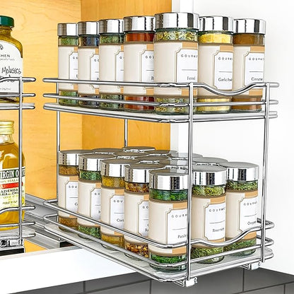 LYNK PROFESSIONAL® Pull Out Spice Rack Organizer for Inside Kitchen Cabinets - 6-1/4 inch Wide - Slide Out Drawer – Chrome Sliding Spice Cabinet Organization Shelf Racks - 2 Tier