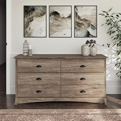 Prepac Sonoma 6-Drawer Double Dresser for Bedroom, Wide Chest of Drawers, Traditional Bedroom Furniture, 59" wide x 17.5" deep x 29" tall, Drifted Gray