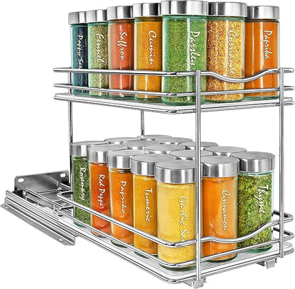 LYNK PROFESSIONAL® Pull Out Spice Rack Organizer for Inside Kitchen Cabinets - 6-1/4 inch Wide - Slide Out Drawer – Chrome Sliding Spice Cabinet Organization Shelf Racks - 2 Tier