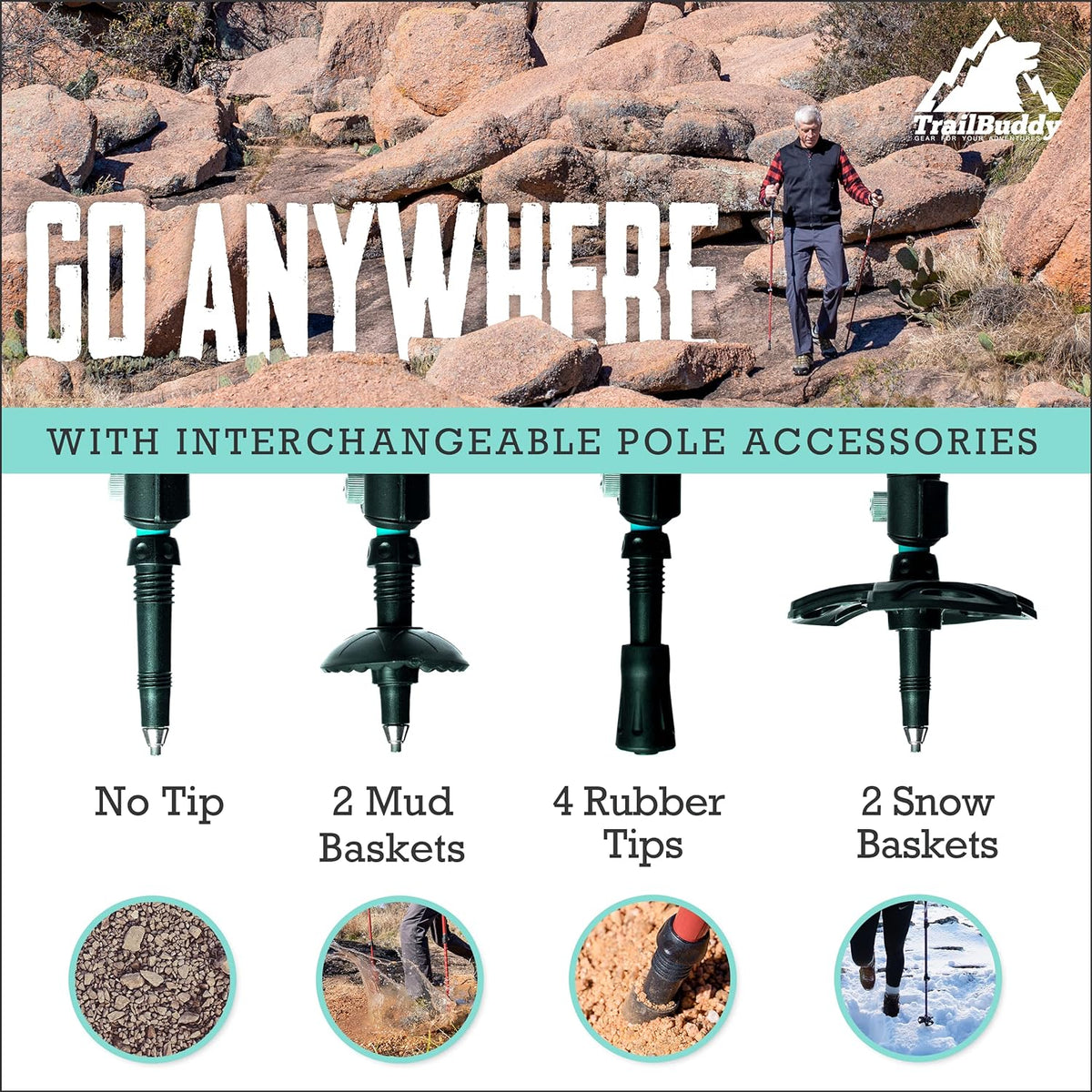 TrailBuddy Trekking Poles - Lightweight, Collapsible Hiking Poles for Snowshoe & Backpacking Gear - Pair of 2 Walking Sticks for Hiking, 7075 Aluminum with Cork Grip