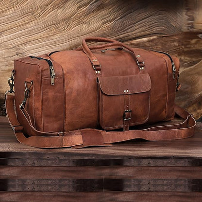 KK's Vintage Leather Duffel Bag, Handcrafted, Stylish & Durable, Ideal for Gym, Travel, Genuine Leather Travel Bag, Brass Rivets & Zippers Size 28"(L),12"(D), 11"(H) Inch