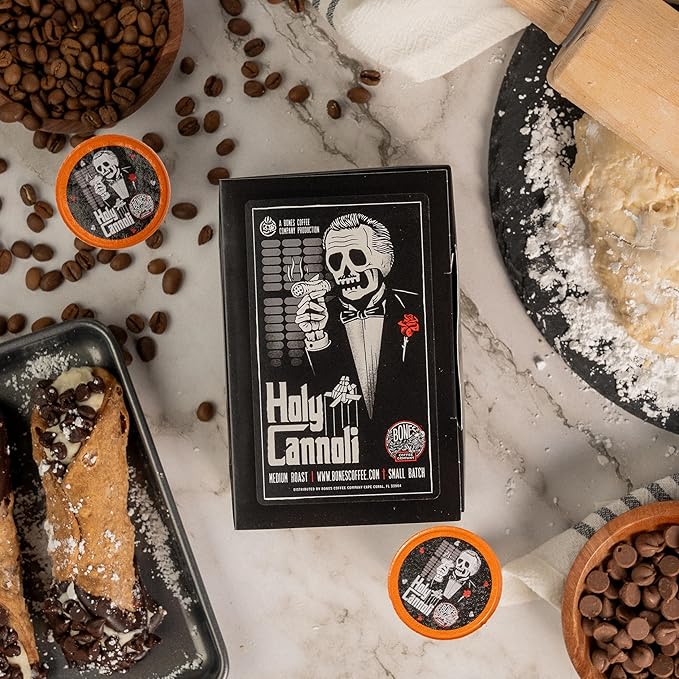 Bones Coffee Company Flavored Coffee Bones Cups Holy Cannoli Flavored Pods | 12ct Single-Serve Coffee Pods Compatible with Keurig 1.0 & 2.0 Keurig Coffee Maker