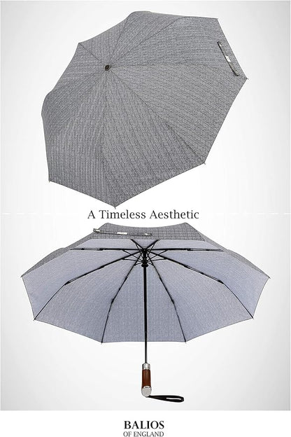 Balios (Designed in UK) Travel Umbrella Luxurious Golden Hardwood Handle Auto Open & Close Windproof Frame Single Canopy Automatic Folding Umbrella Men's & Ladies