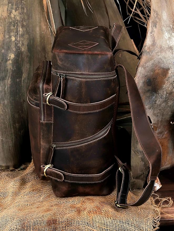 HLC Leather Brown Backpack For Men 17 Inch Genuine Laptop Backpack For Women Men Genuine Leather Backpack Vintage Large Capacity Business Retro Daypack