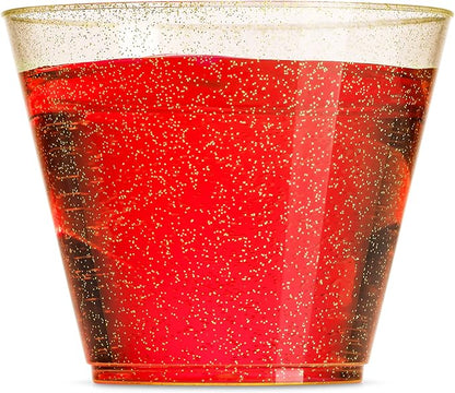 100 Glitter Plastic Cups - 9 Oz Clear Plastic Cups Old Fashioned Tumblers -Gold