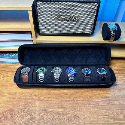 Hard 6 slots watch travel case, watch storage box organizer, 6 slots watch roll display box with soft safe watch pillow (Black, 6slot)