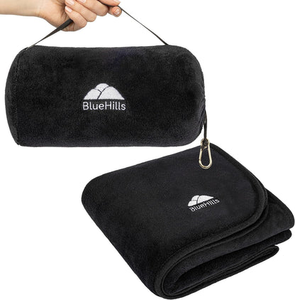 BlueHills Travel Blanket Pillow Rolled Premium Soft Plush Airplane Throw Traveling Accessories Gifts Compact in a Bag 70 X 48 inches Long Plane Flight Portable Lightweight Black R05