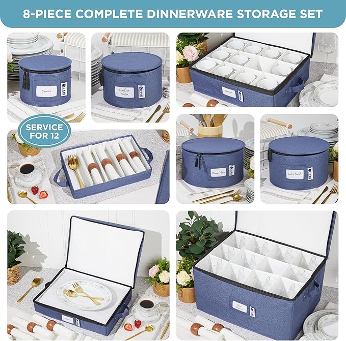 Hard Shell China Storage Containers 8-Piece Set Moving Boxes for Dinnerware, Glasses, Plates, Mugs and Saucers Sturdy Dish Organizer with Dividers for Seasonal Storage - Service for 12 - Denim Blue
