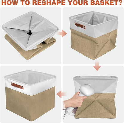 11in Open Fabric Storage Basket with Leather Handles for Organizing, Collapsible Linen Closet Bins for Shelves, Closets, Laundry, Decorative Basket for Gifts. (White＆Khaki, 3PCS/11x11in)