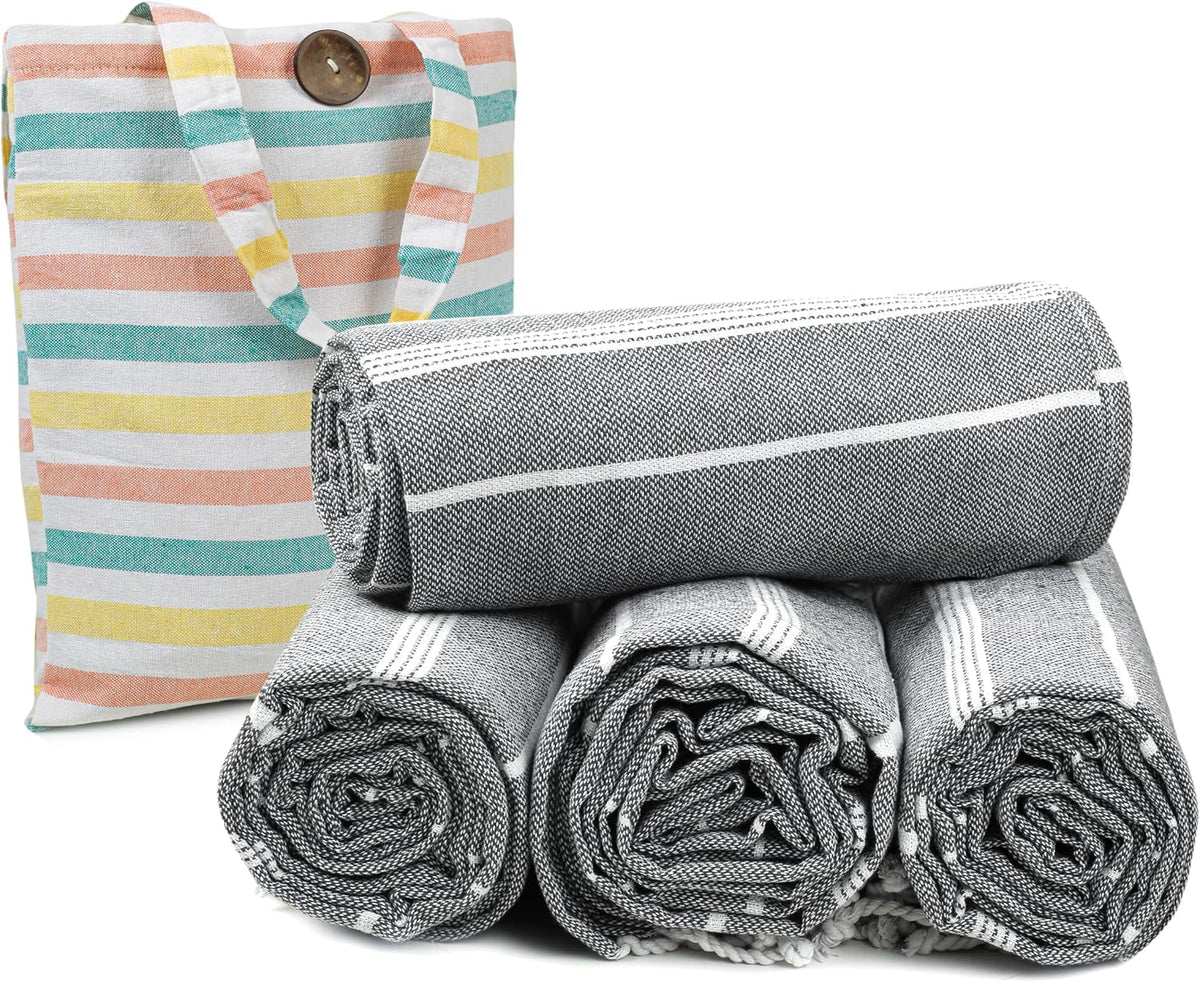HILLFAIR Cotton Turkish Beach Towels, Quick Dry Lightweight Sand Free Peshtemal Towel for Bath Swim Yoga Spa Travel, Beach Accessories, Oversized Cotton Turkish Towels (39 x 72 inch- 4 Pack Grey)