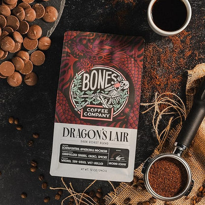 Bones Coffee Company Dragon's Lair, Smokey, Cacao and Caramelized Sugar Notes, Unflavored Coffee, Medium Roast Low Acid Arabica Beans Compatible with Auto drip and French Press Coffee Maker, 12 Oz Ground