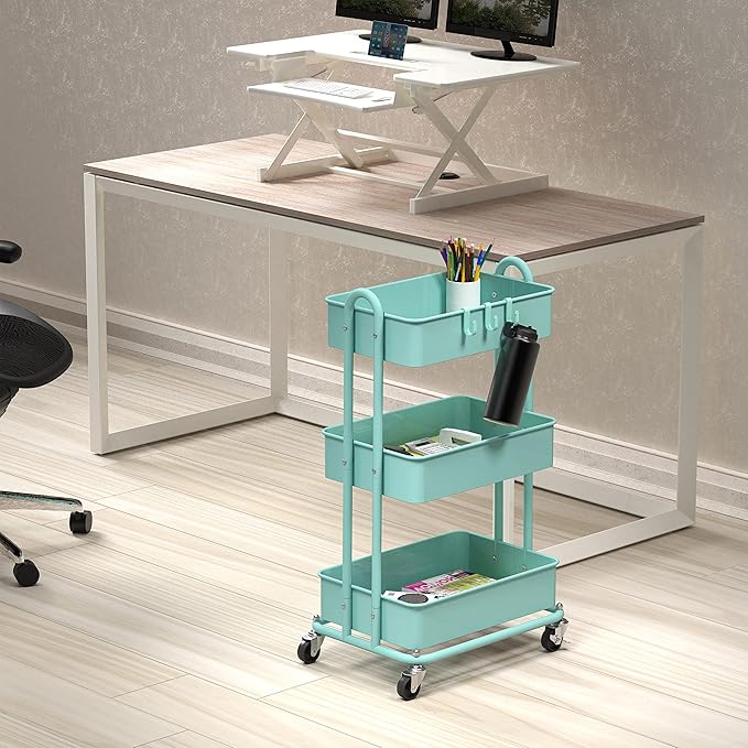 Simple Houseware 3-Tier Heavy Duty Metal Utility Rolling Cart, Turquoise