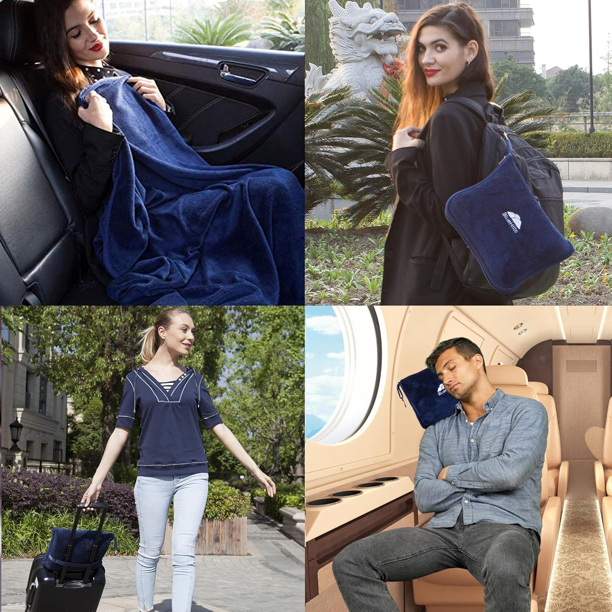 BlueHills Premium Soft Travel Blanket Pillow Airplane Blanket Packed in Soft Bag Pillowcase with Hand Luggage Belt Compact Pack Large Long Flight Essentials Portable Navy Blue T002