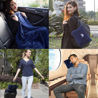 BlueHills Premium Soft Travel Blanket Pillow Airplane Blanket Packed in Soft Bag Pillowcase with Hand Luggage Belt Compact Pack Large Long Flight Essentials Portable Navy Blue T002