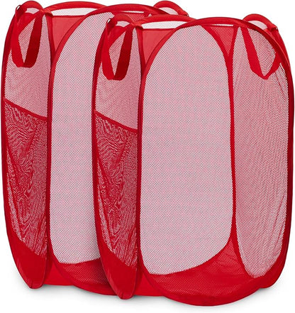 Handy Laundry Collapsible Mesh Pop Up Hamper with Wide Opening and Side Pocket - Breathable, Sturdy, Foldable, and Space-Saving Design for Clothes and Storage (Red | 2-Pack)