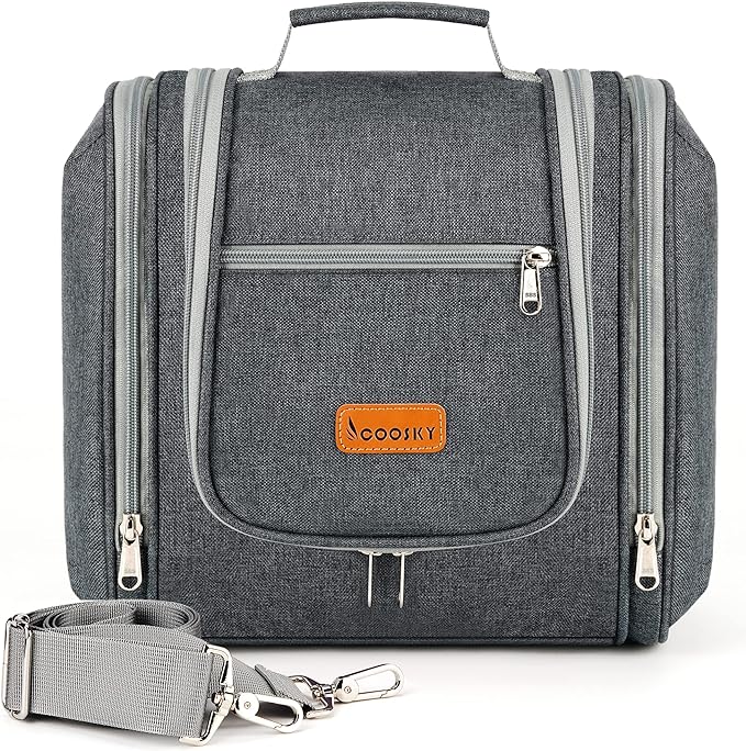 Hanging Travel Toiletry Bag for Women and Men, 6 Organizer Compartments, Extra Large Toiletries Bag, Bathroom Cosmetic Bag, Water-resistant Makeup Bag, Holds Full-Size Shampoo, Grey