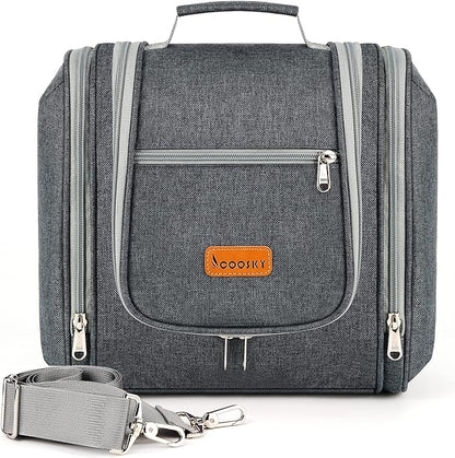 Hanging Travel Toiletry Bag for Women and Men, 6 Organizer Compartments, Extra Large Toiletries Bag, Bathroom Cosmetic Bag, Water-resistant Makeup Bag, Holds Full-Size Shampoo, Grey
