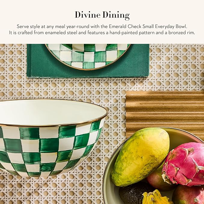 MACKENZIE-CHILDS Enamel Everyday Bowl, Serving Bowl for Entertaining, Small, Green-and-White Emerald Check