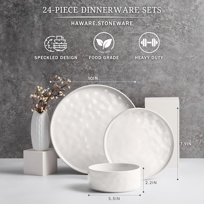 HaWare Dinnerware Sets, 24-Piece Plates and Bowls Set, Speckled White |